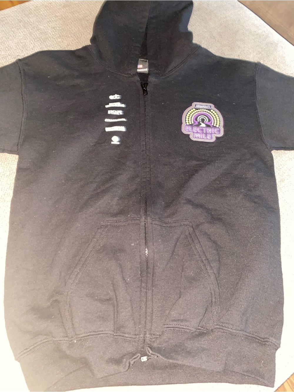 DC Black Zip Hoodie with Purple & Green 'Electric' Rainbow Patch